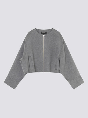 Gray cropped jacket with a zip front and wide sleeves, featuring a minimalist design by MEOTINE. Perfect for layering.