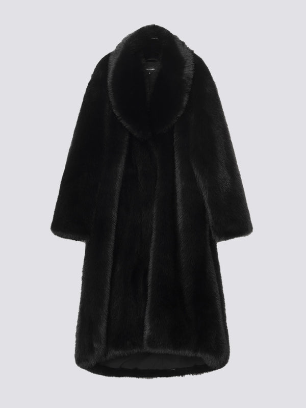 Luxurious black faux fur coat with a wide collar, perfect for stylish warmth. Ideal for winter outings by MEOTINE.