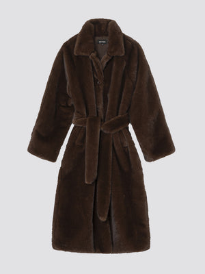Cozy brown faux fur robe from MEOTINE, featuring a belted waist and long sleeves, perfect for lounging in style.