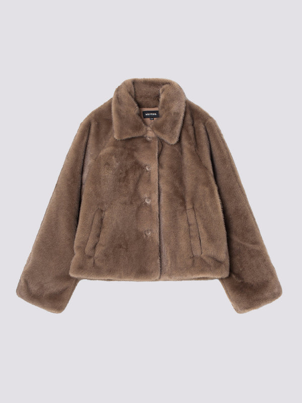Cozy brown faux fur jacket with a button-up front and a classic collar, perfect for stylish warmth by MEOTINE.