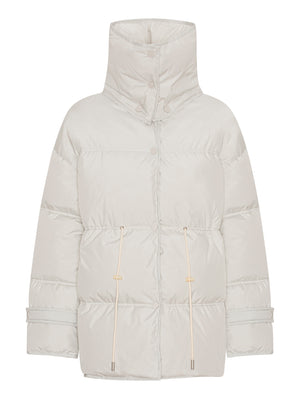 Lightweight, cream-colored puffer jacket with a hood, featuring drawstring details and a relaxed fit. Ideal for winter wear by MEOTINE.