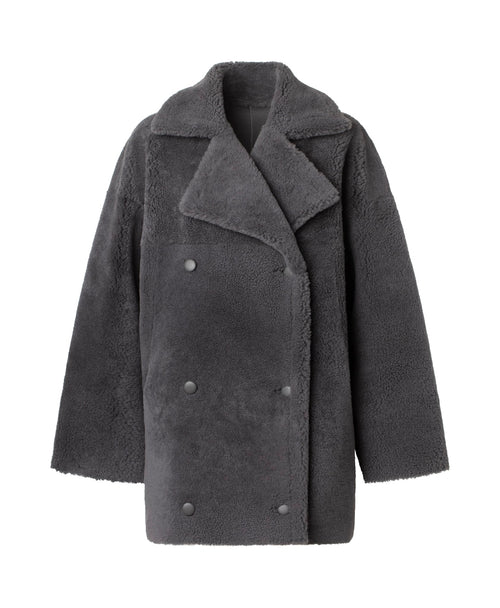 Cozy gray double-breasted coat with a soft, plush texture, perfect for stylish warmth this season by MEOTINE.