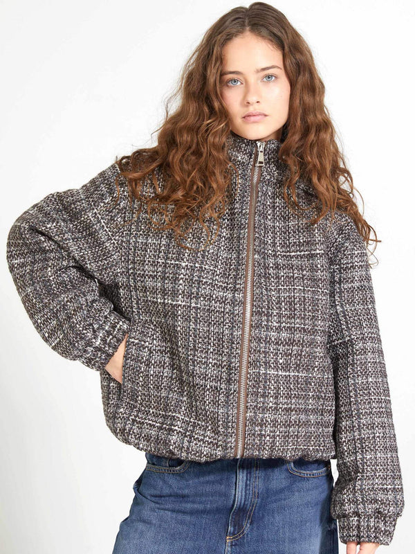 Cozy, oversized jacket in a textured gray pattern, featuring a high collar and zip closure, perfect for casual wear by MEOTINE.