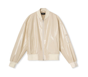 Cream-colored bomber jacket with a glossy finish, featuring a zip front and ribbed cuffs. Perfect for a stylish look by MEOTINE.