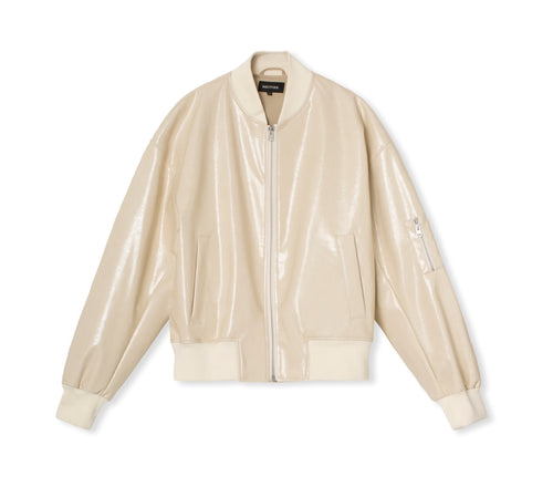 Cream-colored bomber jacket with a glossy finish, featuring a zip front and ribbed cuffs. Perfect for a stylish look by MEOTINE.