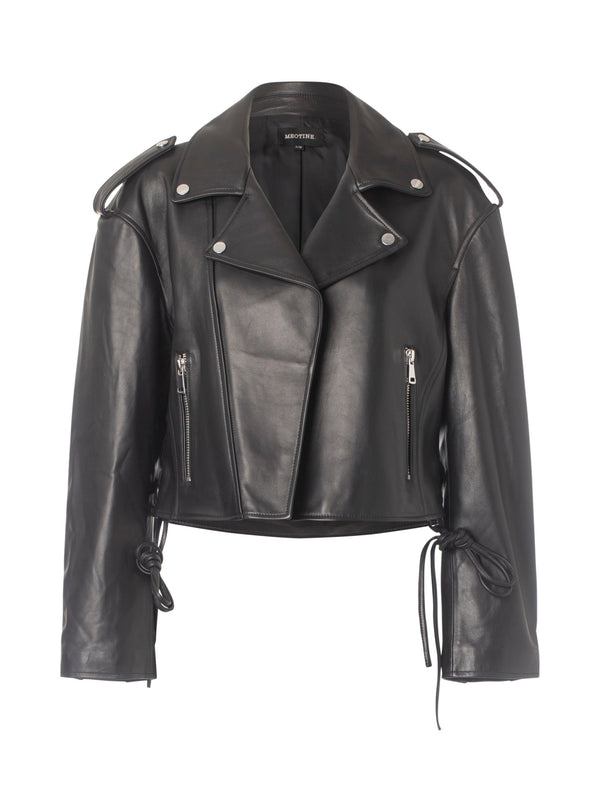 Stylish black leather cropped jacket featuring a classic biker design, zippered pockets, and adjustable tie details. MEOTINE.