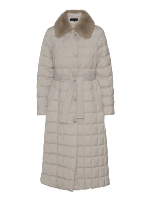 Stylish long beige puffer coat with a fur collar and belt, perfect for winter, by MEOTINE.