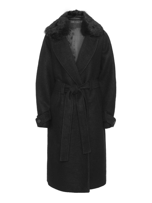 Elegant black coat with a fur collar and belt, perfect for stylish winter outings. MEOTINE offers warmth and sophistication.