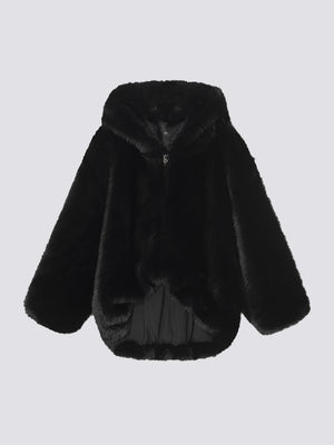 Cozy black faux fur jacket with a hood, featuring a zip closure and a soft inner lining, perfect for stylish warmth by MEOTINE.