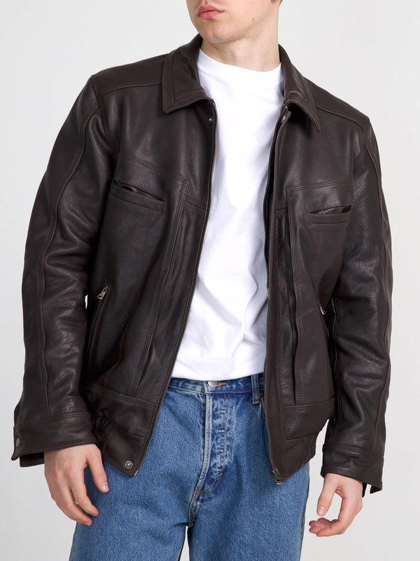 Stylish brown leather jacket featuring a classic design, perfect for a modern look. Ideal for any casual outfit by MEOTINE.