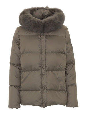Stylish olive green puffer jacket with a plush fur-lined hood, perfect for warmth and comfort. By MEOTINE.