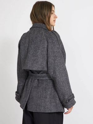 Stylish gray belted coat with a unique back design, perfect for a chic look. Designed by MEOTINE for modern elegance.
