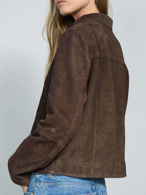 Brown suede jacket with a relaxed fit, featuring a classic collar and side pockets, perfect for a stylish look by MEOTINE.