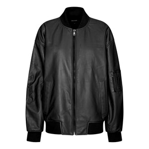 Stylish black leather bomber jacket featuring a zip front, ribbed cuffs, and a utility pocket, perfect for a modern look by MEOTINE.