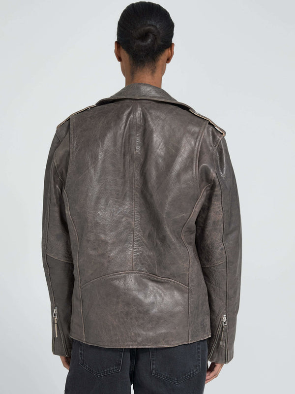 Stylish gray leather jacket with a relaxed fit and unique texture, featuring zippered cuffs and a classic collar by MEOTINE.