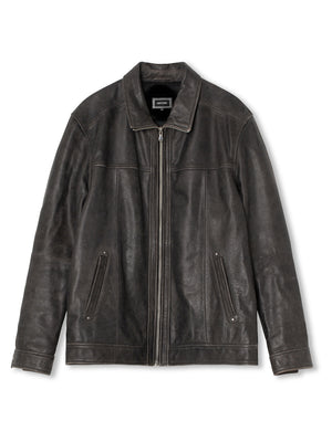 Stylish dark brown leather jacket with a zip closure and two front pockets, perfect for a modern look by MEOTINE.