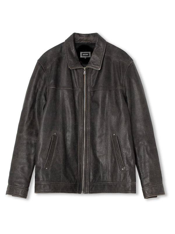 Stylish dark brown leather jacket with a zip closure and two front pockets, perfect for a modern look by MEOTINE.