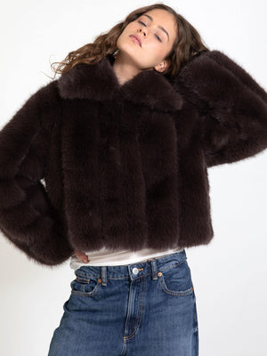 Stylish dark brown faux fur cropped jacket by MEOTINE, featuring a plush texture and a chic, modern silhouette.