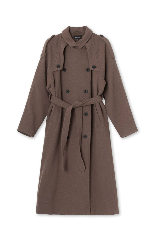 Stylish brown trench coat with a belted waist and double-breasted buttons, perfect for a chic look by MEOTINE.