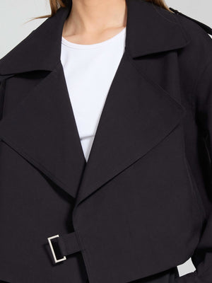 Stylish black jacket featuring a wide collar and belted waist, perfect for a chic look by MEOTINE.