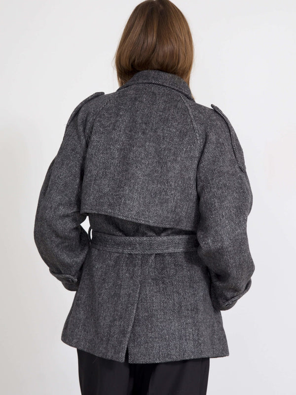 Stylish gray belted coat with a unique back design, perfect for layering. Ideal for a chic, modern look by MEOTINE.