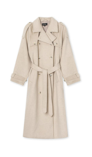 Stylish beige trench coat with a belted waist and double-breasted design, perfect for a chic look by MEOTINE.