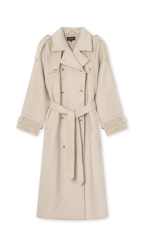 Stylish beige trench coat with a belted waist and double-breasted design, perfect for a chic look by MEOTINE.