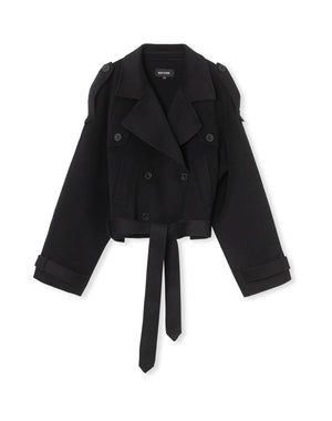 Stylish black cropped jacket with double-breasted design and belted waist, featuring shoulder epaulettes. MEOTINE brand.