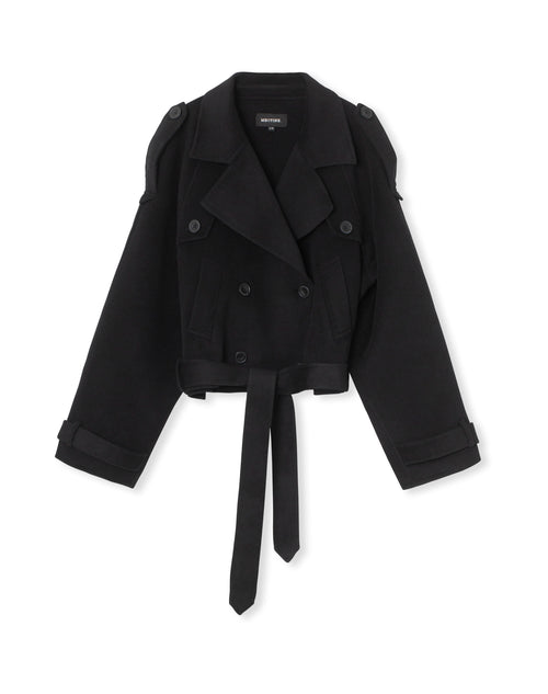 Stylish black cropped jacket with double-breasted design and belted waist, featuring shoulder epaulettes. MEOTINE brand.