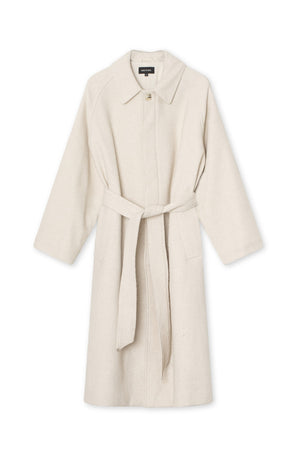 Cream-colored belted coat with a collar and side pockets, perfect for layering in cooler weather. MEOTINE style for elegance.
