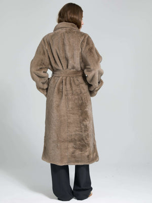 Cozy brown faux fur coat with a belted waist, perfect for stylish warmth. Ideal for winter outings by MEOTINE.