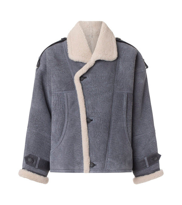 Cozy gray shearling jacket with a soft cream collar and cuffs, featuring a stylish button-up front. Perfect for winter by MEOTINE.