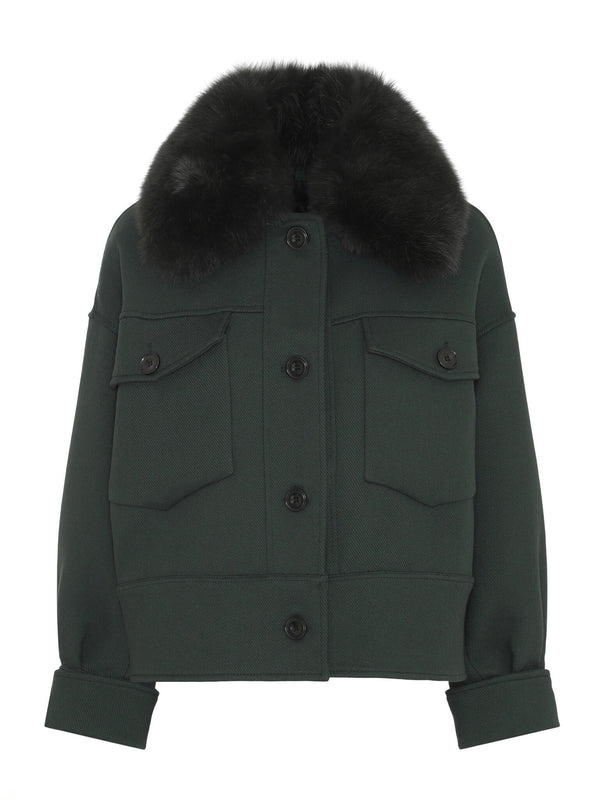 Stylish green jacket with a plush black fur collar and button closure, featuring two front pockets. Perfect for a chic look by MEOTINE.