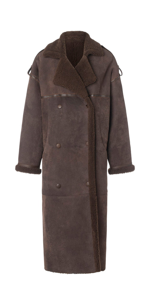 Brown shearling coat with a double-breasted front and oversized collar, featuring a cozy, warm design by MEOTINE.