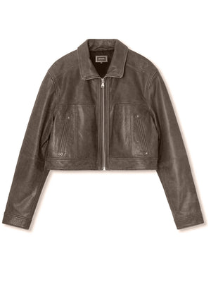 Stylish cropped leather jacket in a rich brown hue, featuring a zip closure and front pockets, perfect for a chic look by MEOTINE.