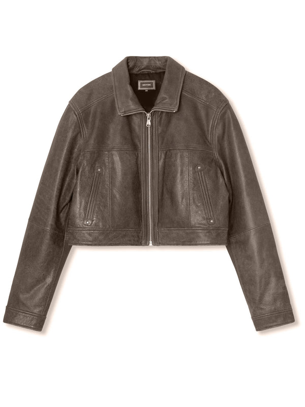 Stylish cropped leather jacket in a rich brown hue, featuring a zip closure and front pockets, perfect for a chic look by MEOTINE.