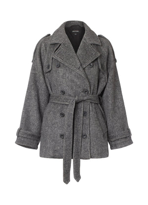 Stylish gray belted trench coat with a double-breasted design, featuring shoulder epaulets. Perfect for a chic look by MEOTINE.