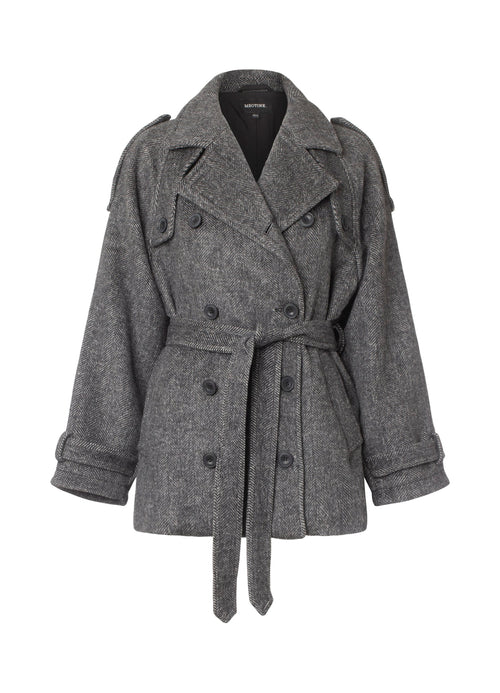 Stylish gray belted trench coat with a double-breasted design, featuring shoulder epaulets. Perfect for a chic look by MEOTINE.
