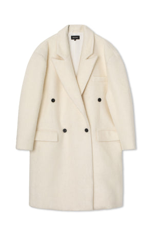 Cream-colored double-breasted coat with black buttons and a relaxed fit, perfect for stylish layering by MEOTINE.
