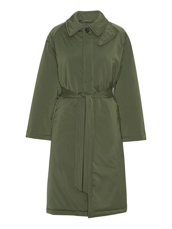 Stylish olive green belted coat with a collar, perfect for layering in cooler weather. Ideal for a chic, casual look by MEOTINE.