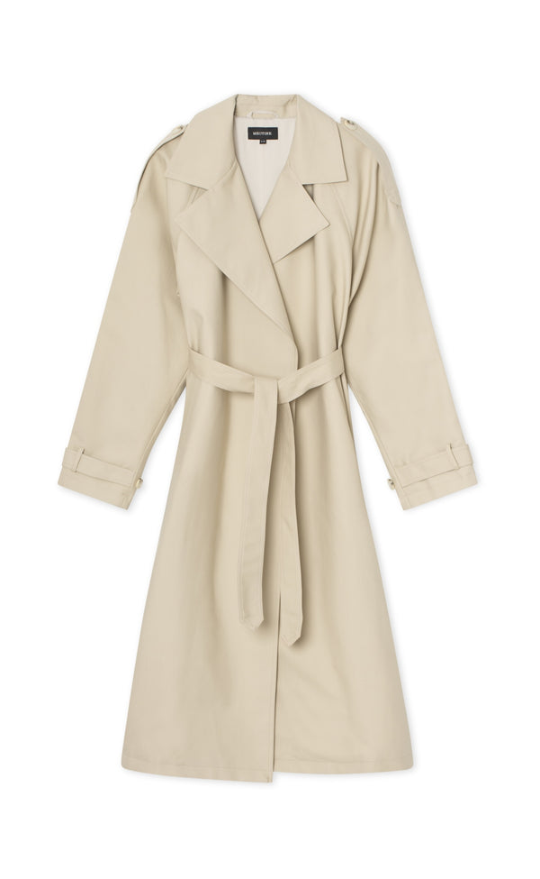 Beige trench coat with a belted waist and shoulder epaulets, perfect for a stylish and sophisticated look by MEOTINE.