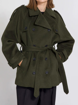 Stylish olive green double-breasted coat with a belt, featuring a relaxed fit and large buttons, perfect for a chic look by MEOTINE.