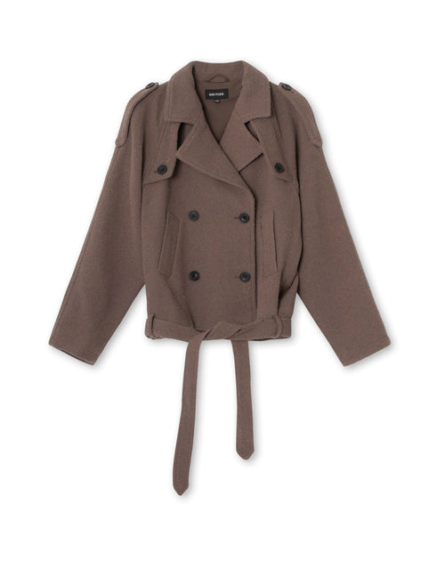 Brown double-breasted jacket with a belted waist and shoulder epaulets, featuring a stylish and modern design by MEOTINE.