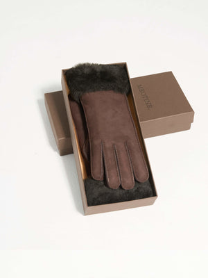 Elegant brown gloves with a soft fur cuff, presented in a stylish MEOTINE gift box, perfect for winter warmth and style.
