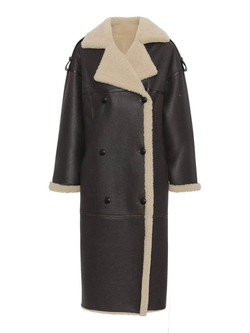 A stylish black coat with a cream shearling collar and lining, featuring double-breasted buttons. Perfect for winter by MEOTINE.