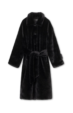 Luxurious black faux fur coat with a belted waist and button closure, perfect for stylish warmth this season by MEOTINE.