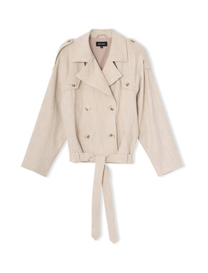 Light beige double-breasted trench coat with a belted waist and shoulder epaulets, perfect for a stylish, modern look by MEOTINE.