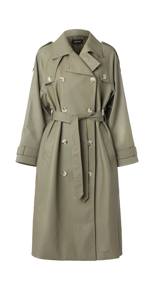 Stylish olive green trench coat with a belted waist and double-breasted design, perfect for a chic look by MEOTINE.