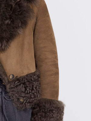 Brown suede jacket with a plush fur collar and cuffs, showcasing a stylish and cozy design by MEOTINE.